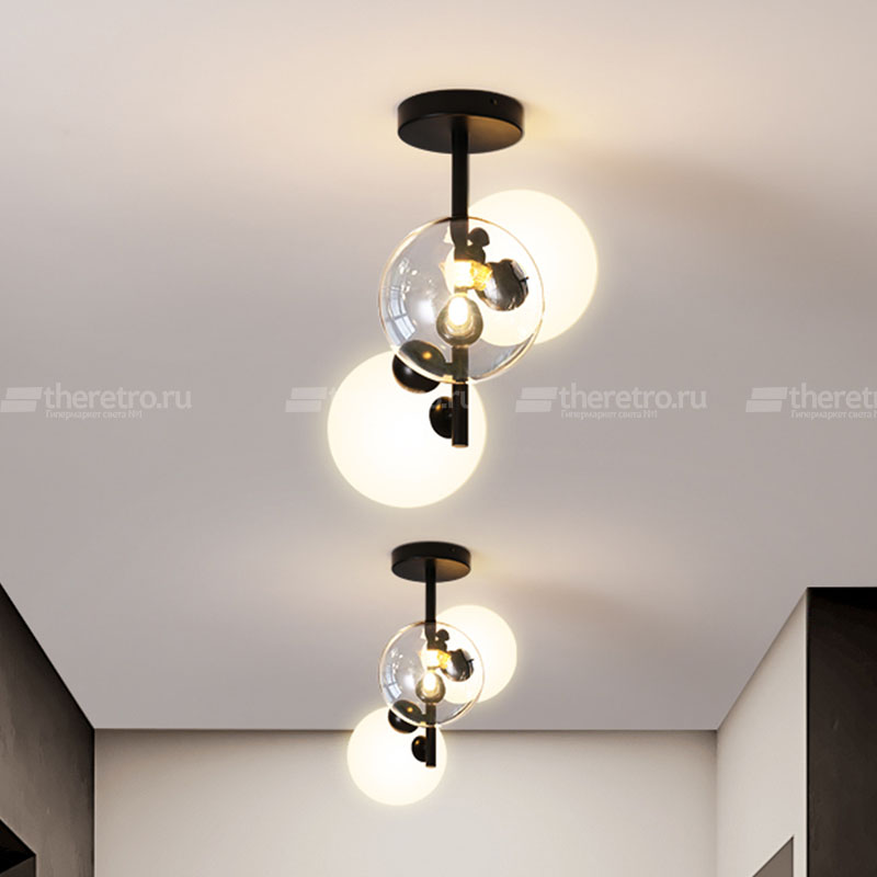 Потолочный светильник с тремя шарообразными плафонами из матового и прозрачного стекла MUSA фото #num#