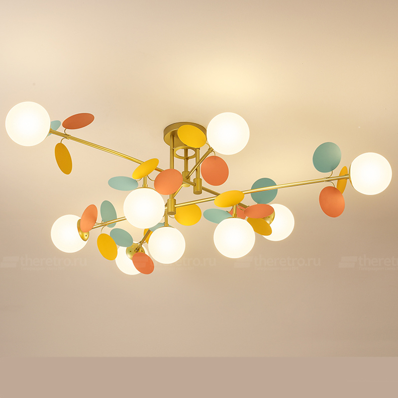 Серия потолочный люстр с шарообразными матовыми плафонами и декором в виде множества разноцветных дисков MATISSE B 6 ламп белый+золото  фото 1